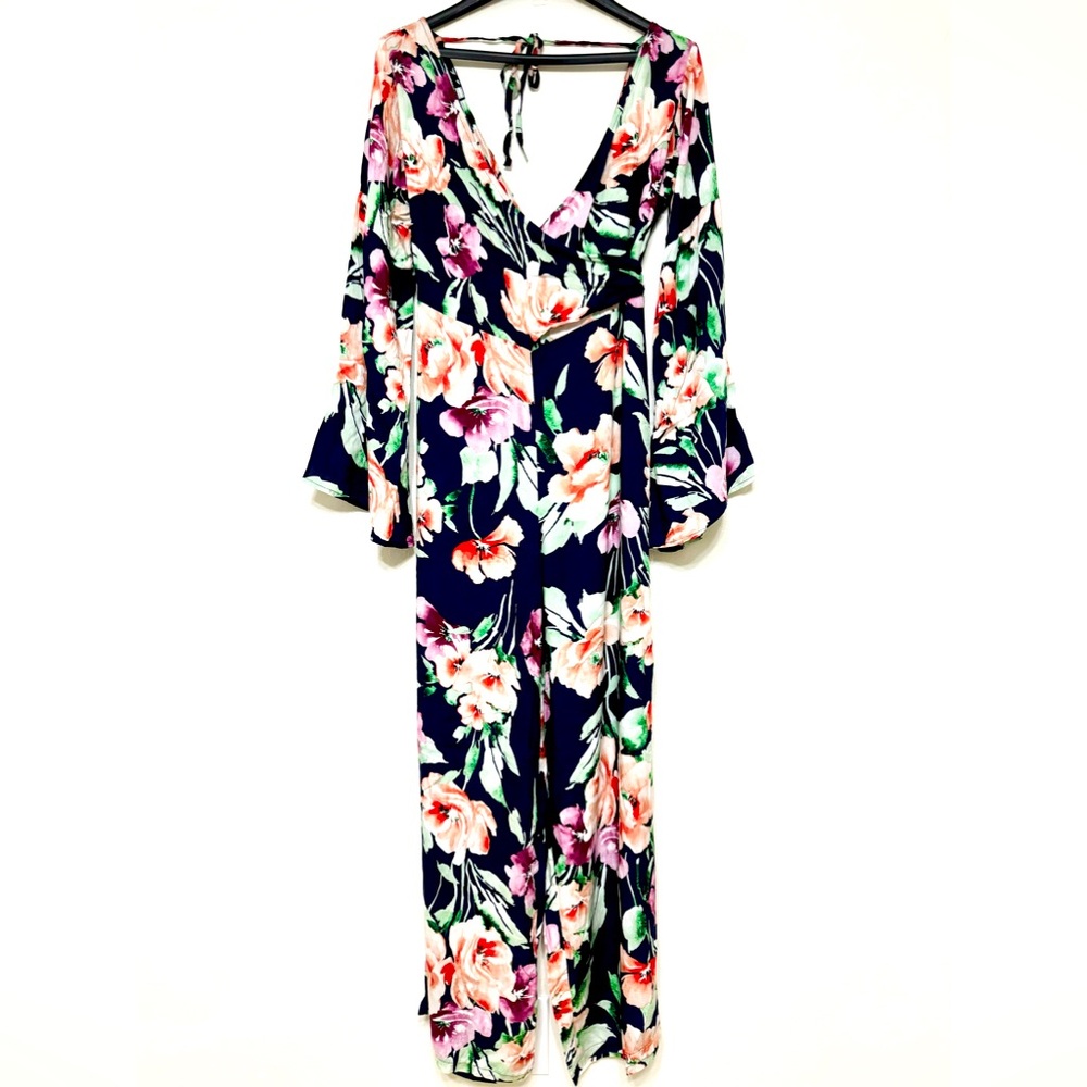 Jaase Boho Floral V-Neck Wrap Top High Waisted Bell Sleeve Flare Leg Jumpsuit, L